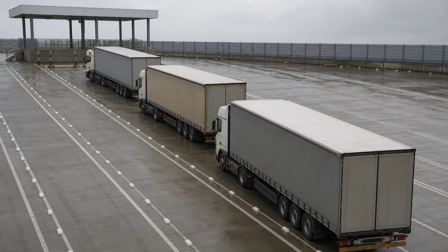 Elevated view of loaded box van trailers queued in adjacent lanes of a customs inspection yard beside a raised inspection podium