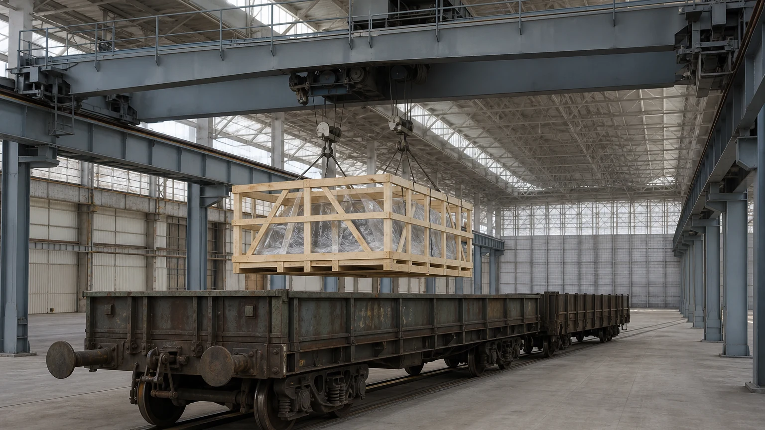 Overhead travelling crane in a machine hall lifting a timber-crated load on slings above an open rail wagon on an inset track