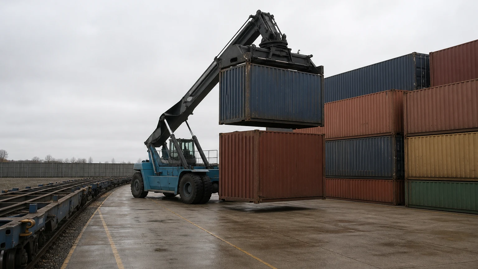 Reach stacker lifting a container beside stacked boxes at an inland container depot with a rail spur alongside