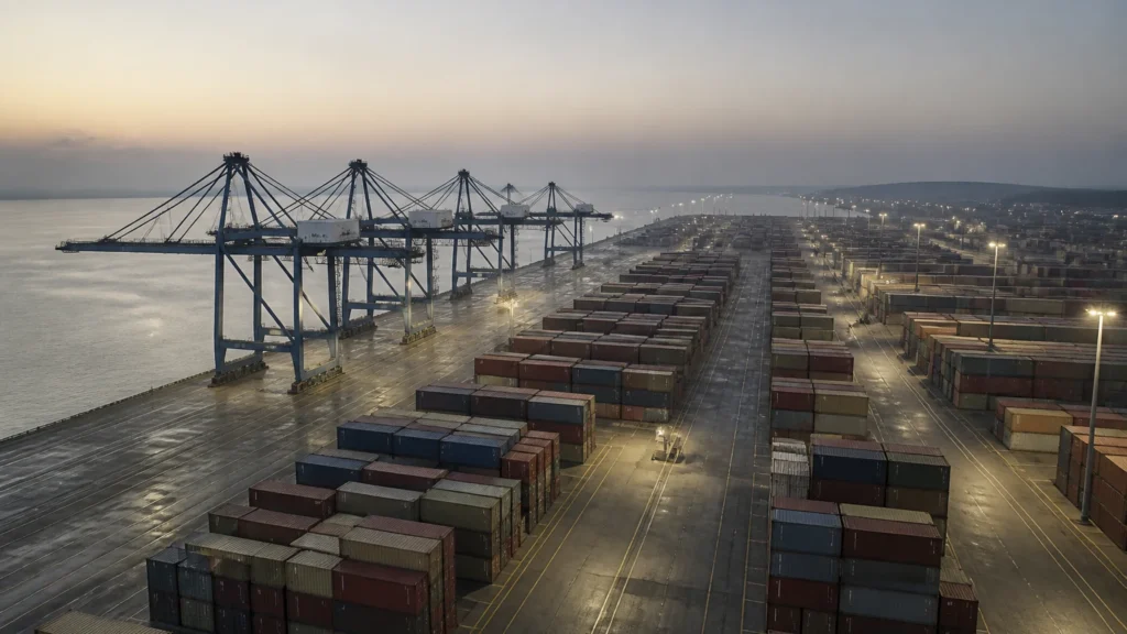 Elevated dawn view over a container terminal showing berths with gantry cranes, grid blocks of stacked containers and empty service lanes