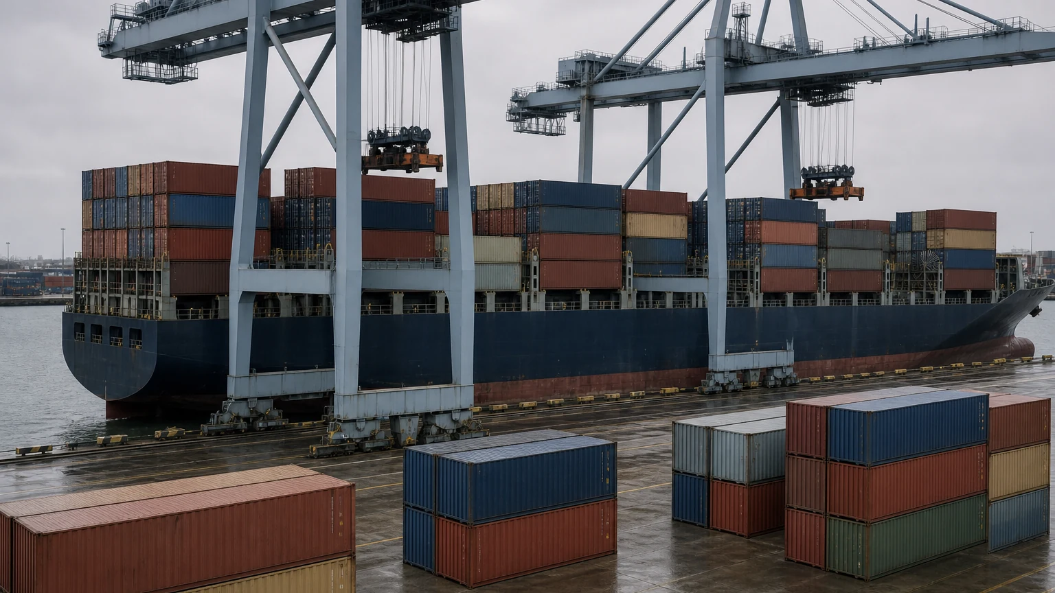 Am Liegeplatz liegendes Containerschiff beim Löschen der Ladung, mit Ship-to-Shore-Portalkränen über dem Deck und gestapelten Containern auf der Kaifläche
