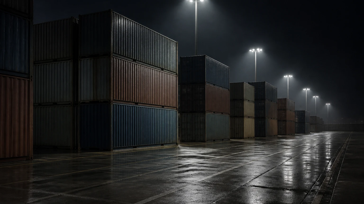 Containerterminal bei Dämmerung unter hoher Mastbeleuchtung, mit gestapelten Containerblöcken und leeren, feuchten Fahrspuren dazwischen