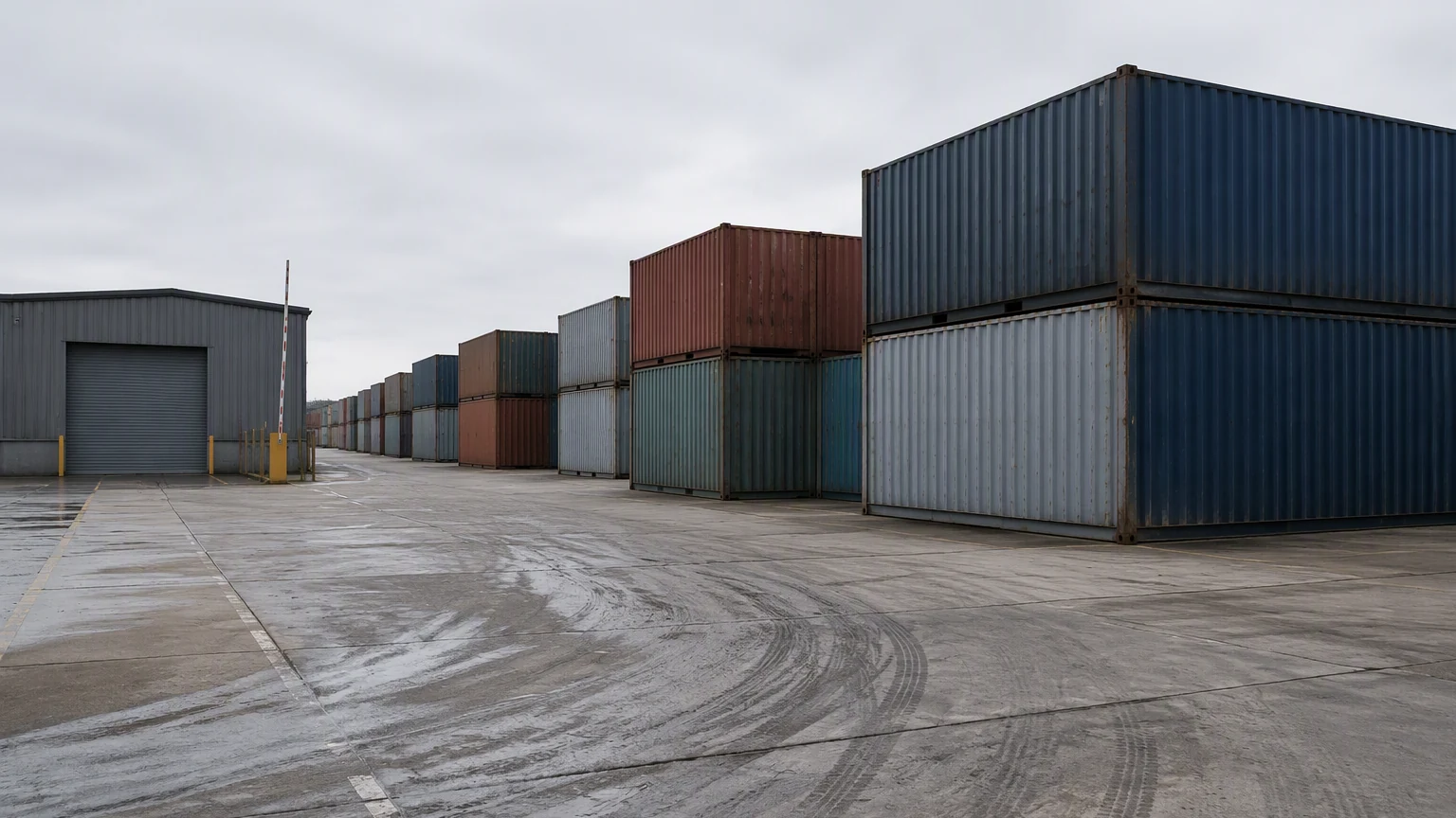 Depot für die Rückgabe leerer Container mit Blöcken gestapelter Container und einem Depotgebäude mit geschlossenem Tor sowie Zufahrtsspur
