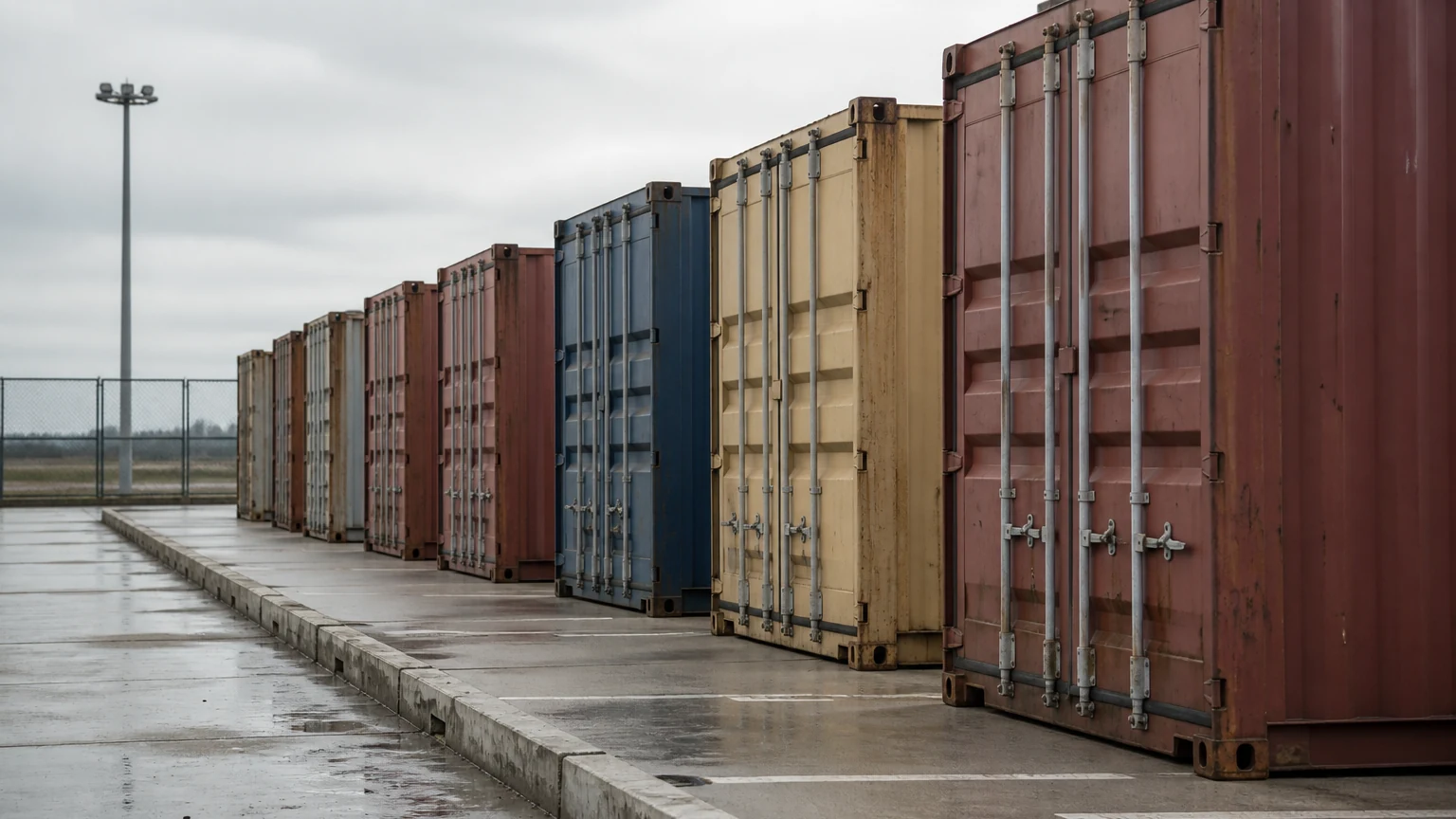 Bodennahe Ansicht entlang einer langen Reihe von auf dem Boden stehenden Schiffscontainern auf dem Gelände eines Hafenterminals mit freien Fahrspuren