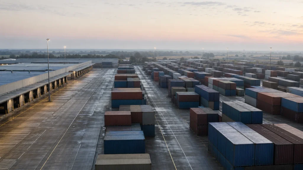 Elevated dawn view of an inland customs and bonded trade zone showing grid blocks of stacked containers, bonded warehouse units with loading bays and empty service lanes