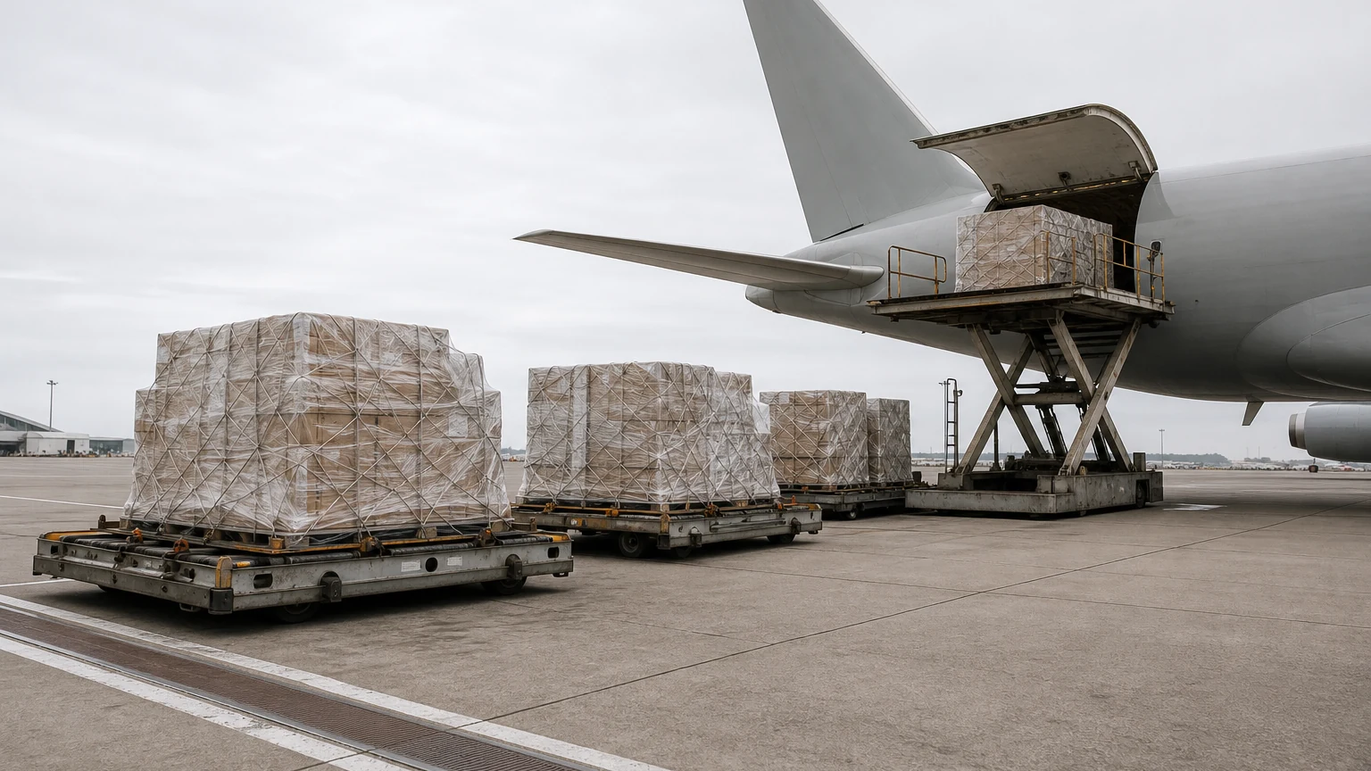 Air cargo apron with shrink-wrapped freight on low dollies, a raised high-loader platform and the rear fuselage of a freighter with its cargo door open