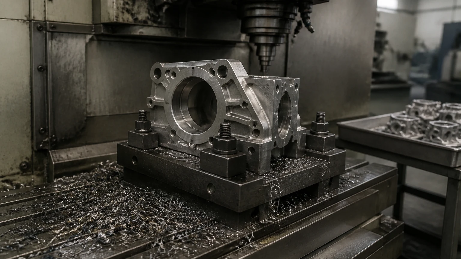 Machined metal component clamped in a fixture on a machine tool bed with fresh swarf coiled around it in a machine shop