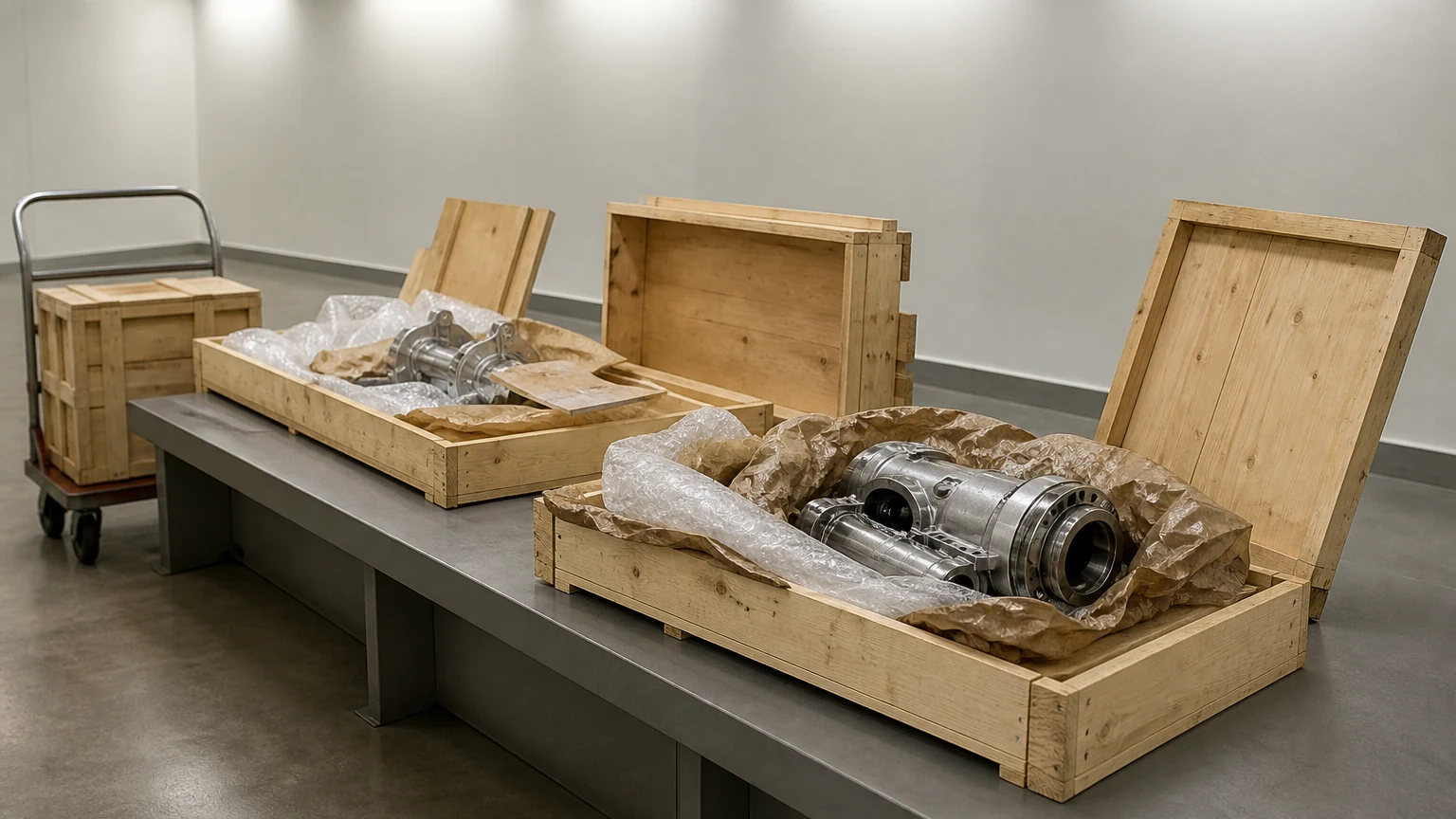 Customs examination room with opened timber crates, their lids and packing material pulled aside and the goods laid out on a long bench