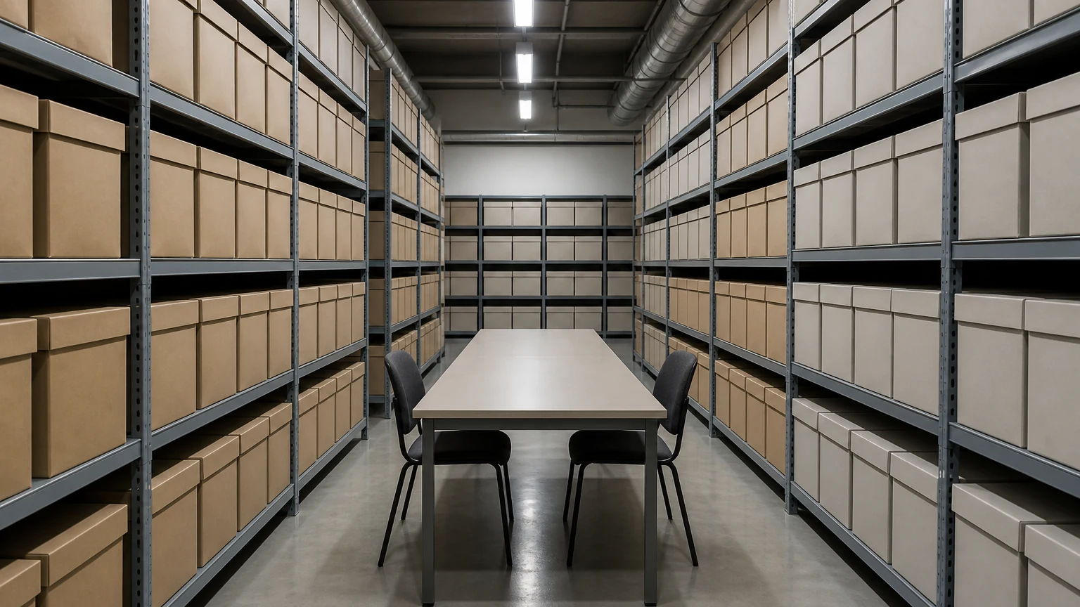 Records store aisle with tall rows of shelved plain archive boxes and a long empty table with chairs between them