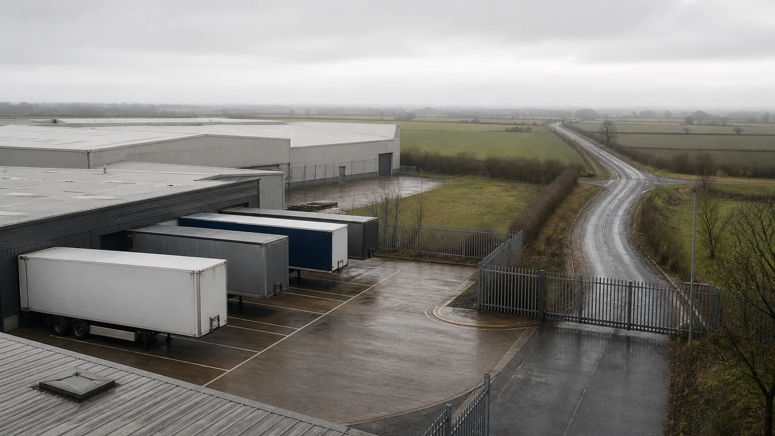 Vista elevada a través del límite de una zona industrial que muestra los tejados de las naves, un patio de servicio, una valla perimetral y una carretera pública que se curva junto a los campos