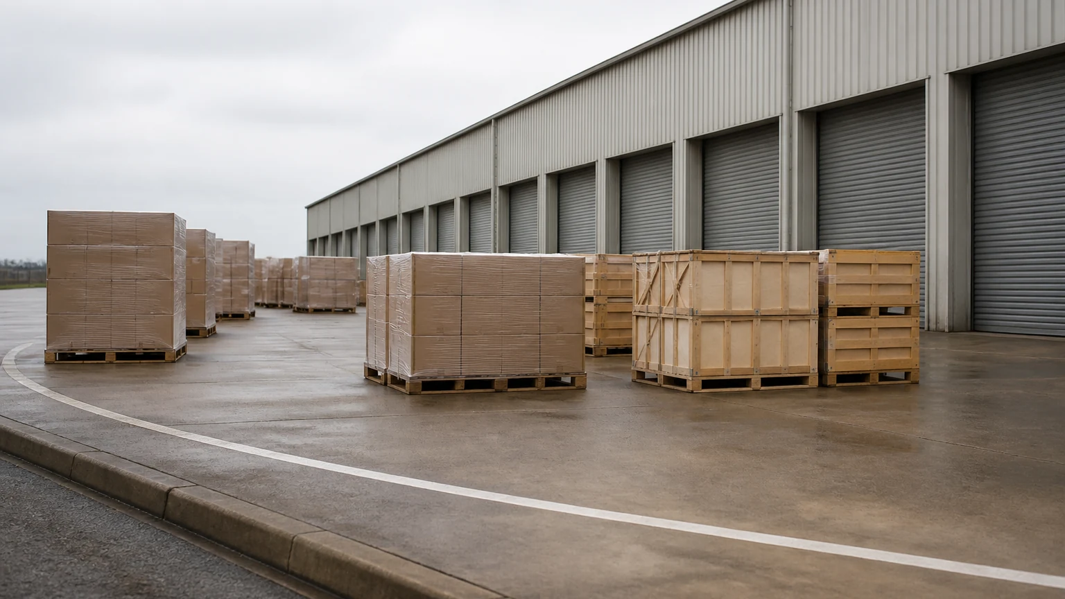 Patio de despacho de un fabricante, con envíos paletizados y embalados en cajas dispuestos en el área de carga frente a puertas enrollables de salida de mercancías