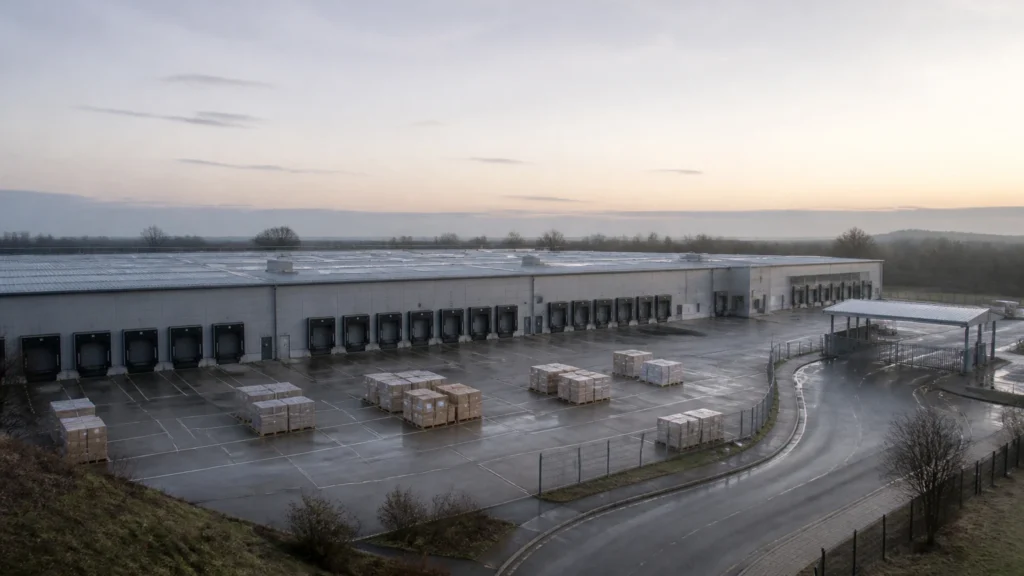 Elevated dawn view of a manufacturing works showing its dispatch yard, staged palletised goods in marked bays and rows of goods-out doors