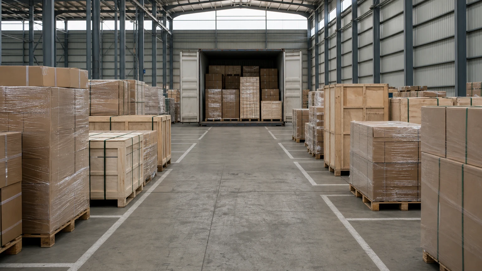 Container freight station interior with separate blocks of palletised and crated consignments and an open shipping container being loaded
