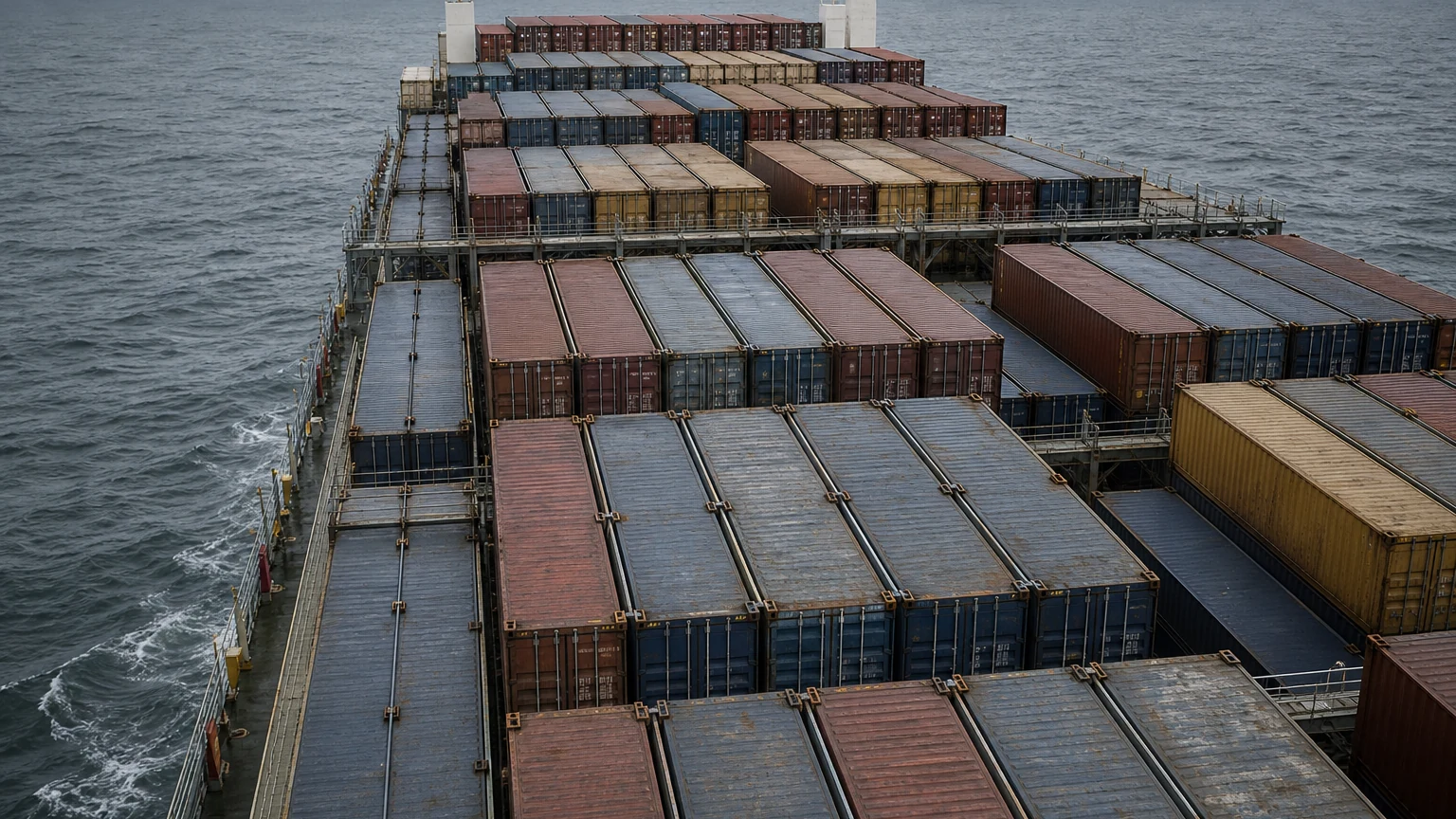 Elevated view down onto the container deck of a laden container ship at sea with lashing bridges between the stows