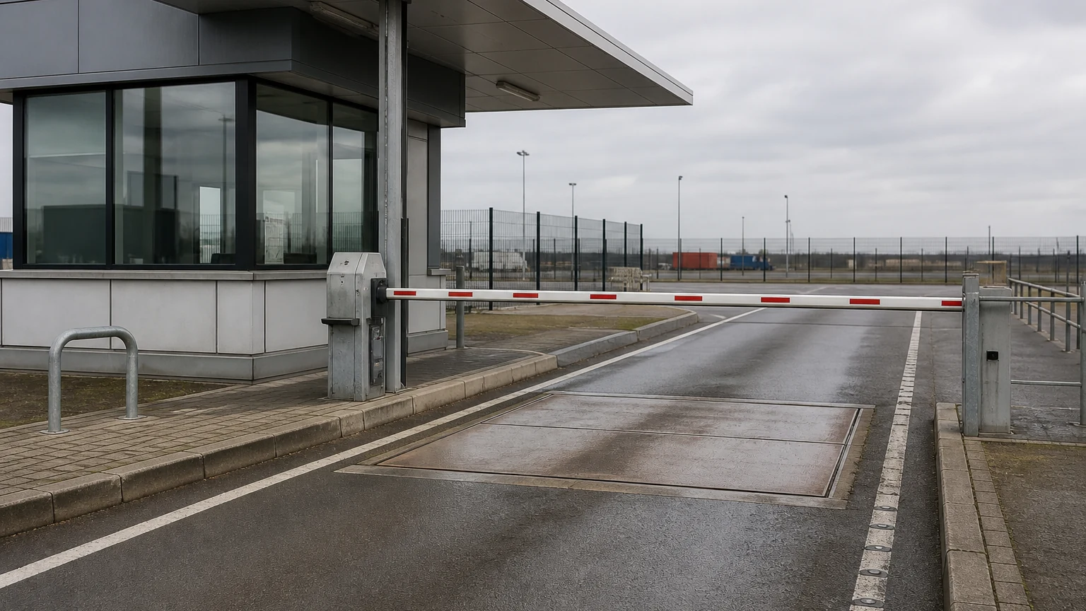 Port terminal vehicle entry gate with a glazed gate house, a raised boom barrier and a weighbridge deck plate set into the lane