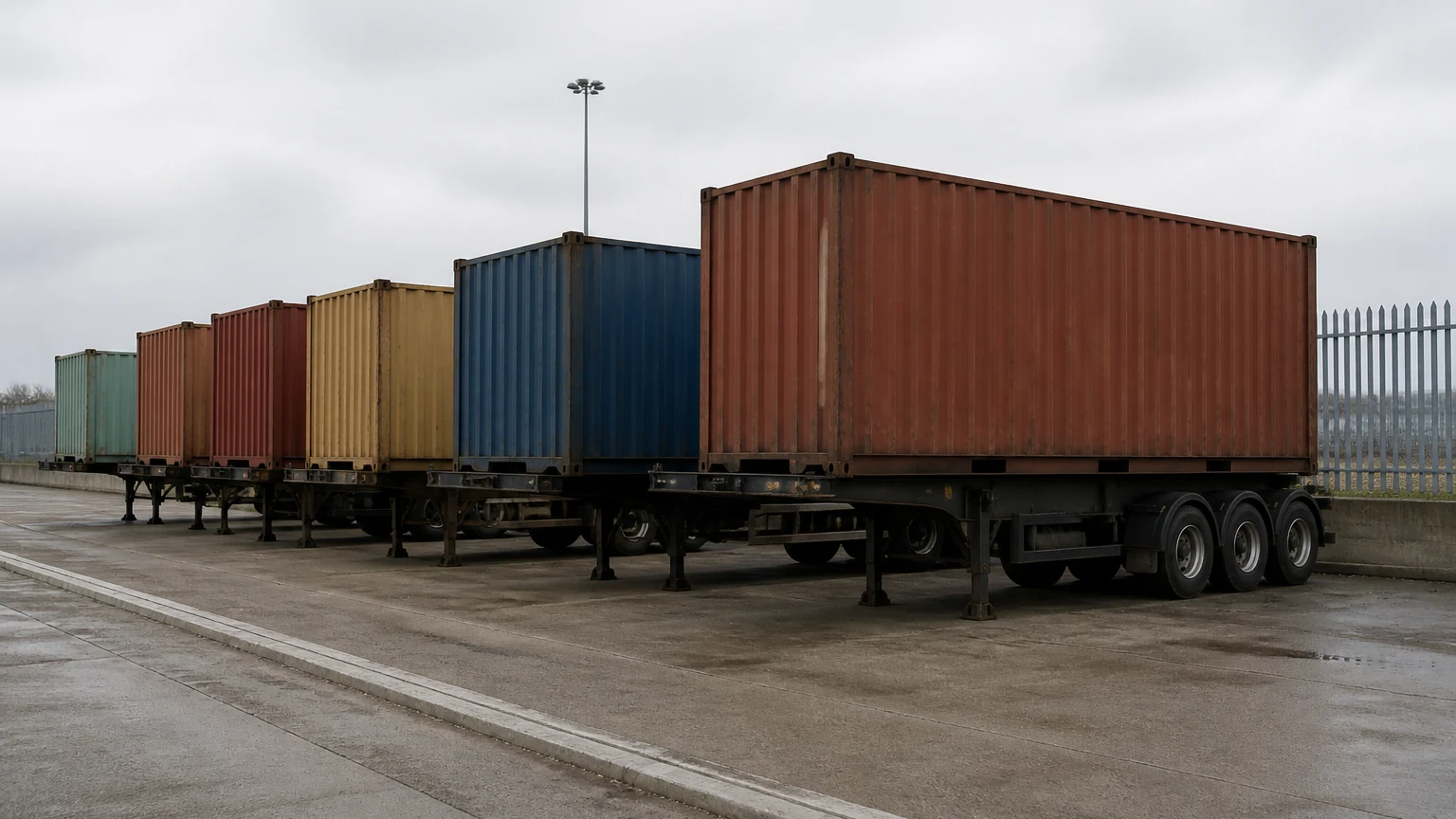 Row of shipping containers mounted on skeletal road chassis without tractor units in a terminal container yard