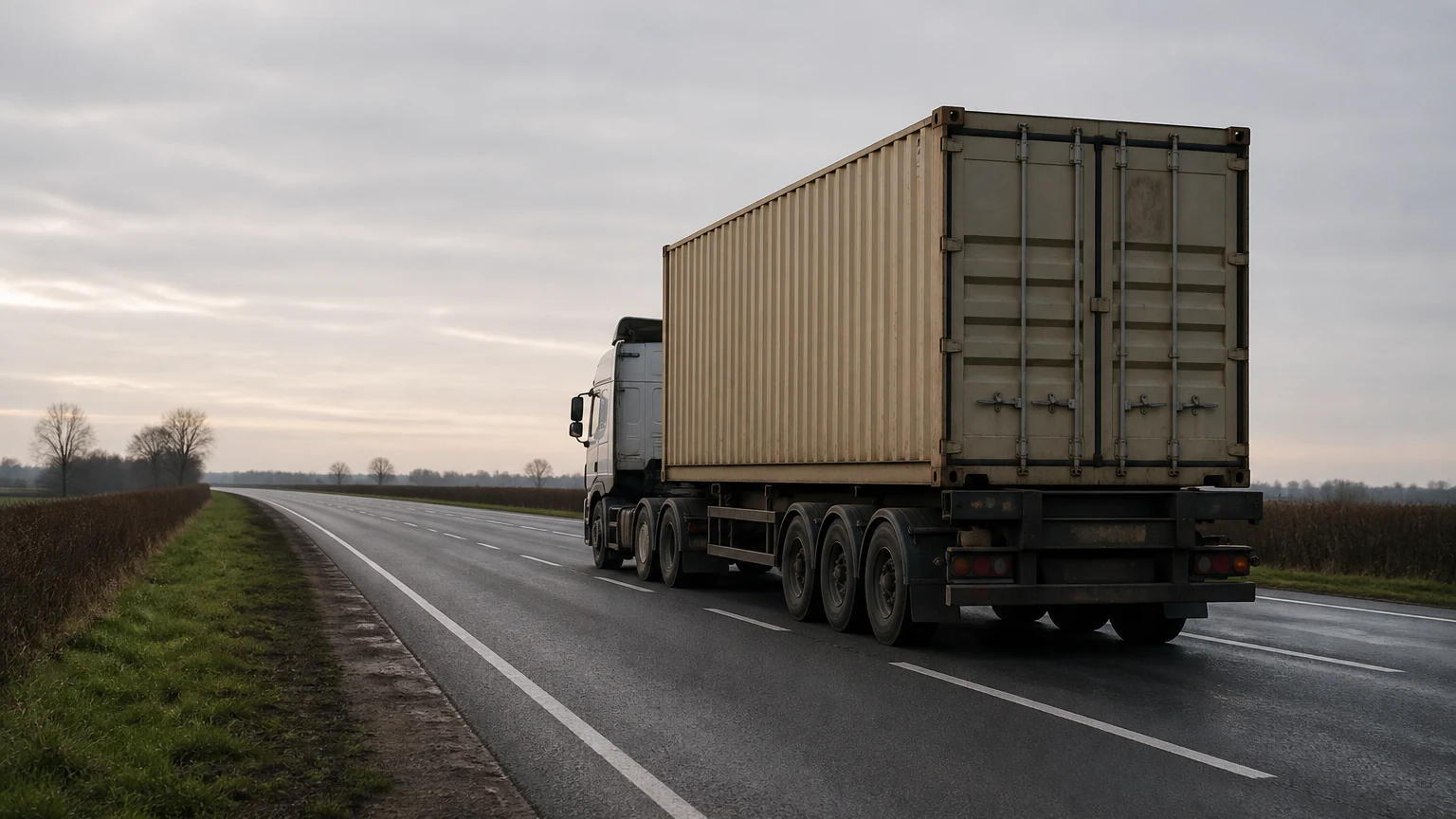 Skeletal road trailer carrying a shipping container on a multi-lane carriageway at first light, seen in three-quarter rear view from the verge