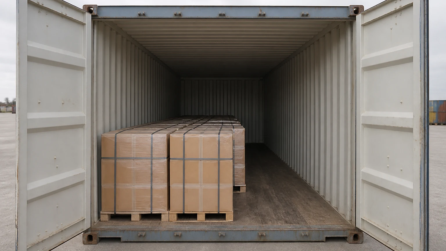 View into an open shipping container from its doorway with banded pallets loading only the near half and bare timber floor stretching to the far wall
