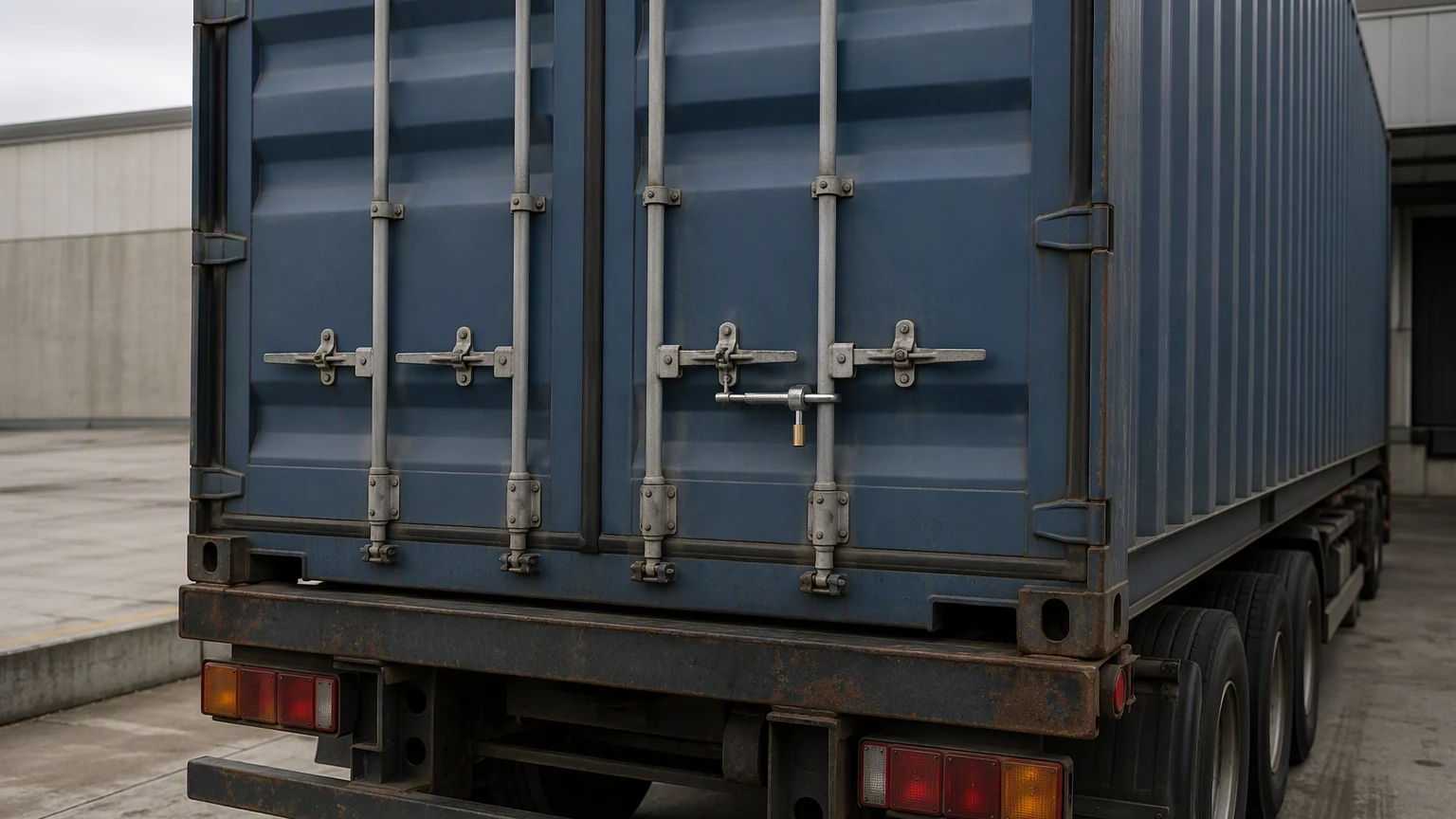 Close view of the rear doors of a closed shipping container on a road trailer showing the four locking bars, cam handles and a fitted bolt seal