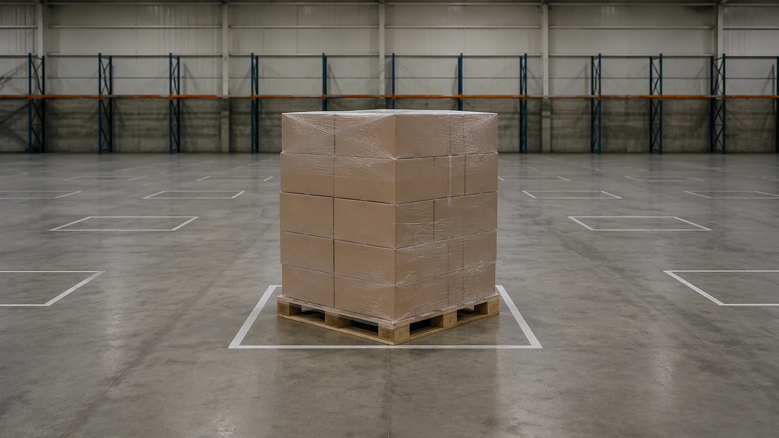 A single shrink-wrapped palletised consignment standing alone on a painted square on a sealed warehouse floor with other empty squares around it