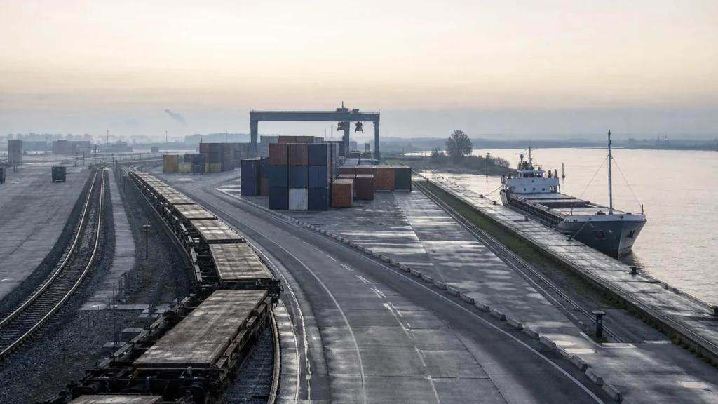 Elevated dawn view of an inland intermodal terminal showing a rail spur with flat wagons, container stacks, a gantry frame and a small coaster berthed at a short quay
