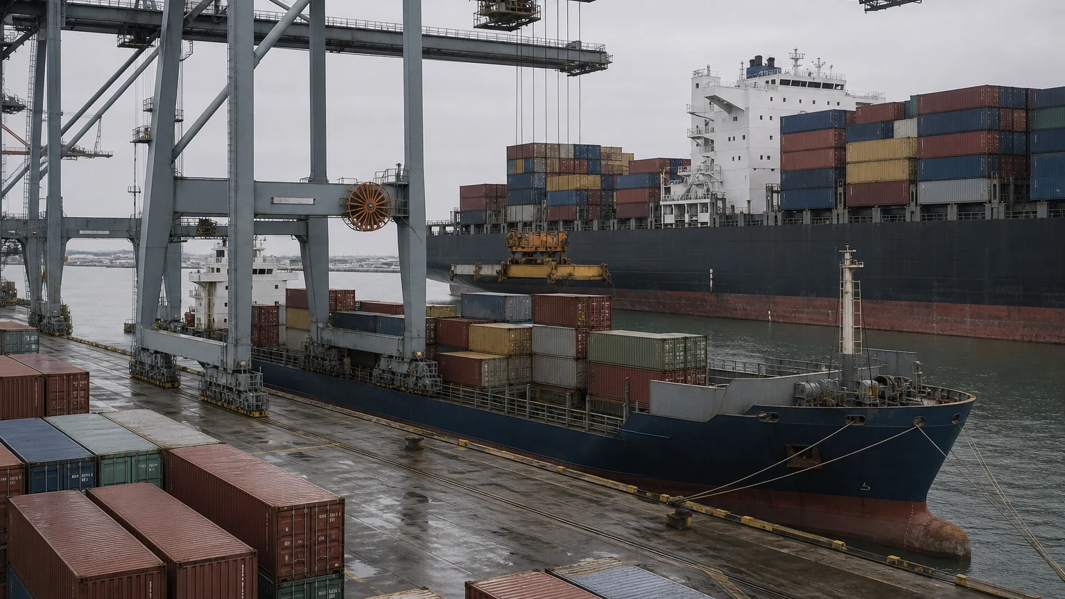 Bến trung chuyển container với một tàu feeder neo bên cạnh tàu mẹ lớn hơn và các cần cẩu giàn đang chuyển container tại cầu cảng